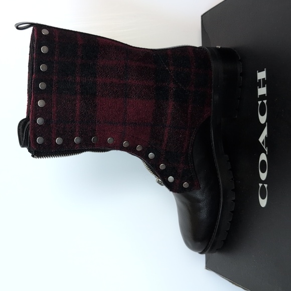 COACH Red Plaid & Leather Studded Combat Boot NIB 9 - Picture 5 of 11